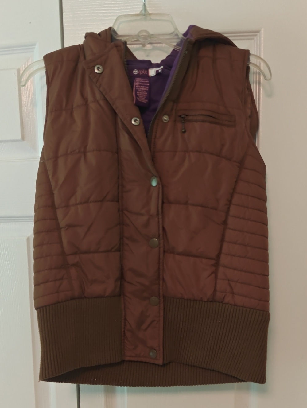 split Brown Quilted Hooded Puffer Vest with Purple Lining